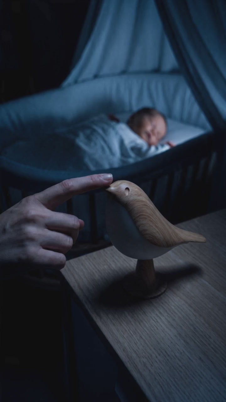 Un doigt touche la veilleuse oiseau dans le noir, la lumière douce s'allume, bébé dort