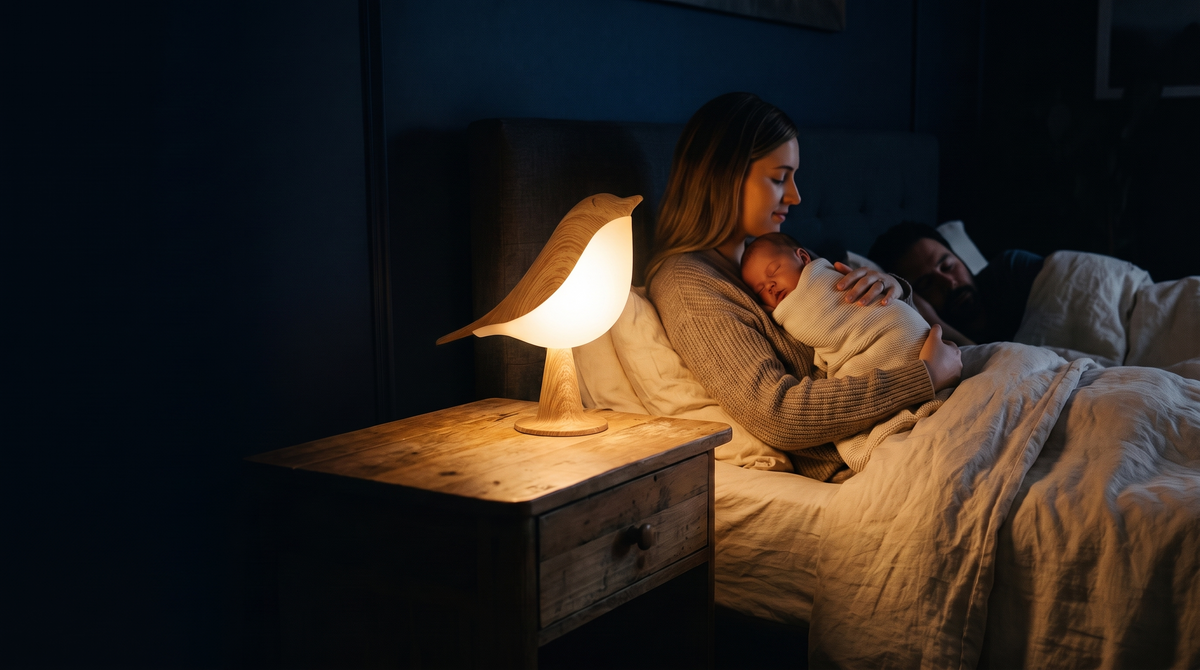 Maman qui tient son bébé la nuit, chambre éclairée seulement par la lampe oiseau Brin de Lune